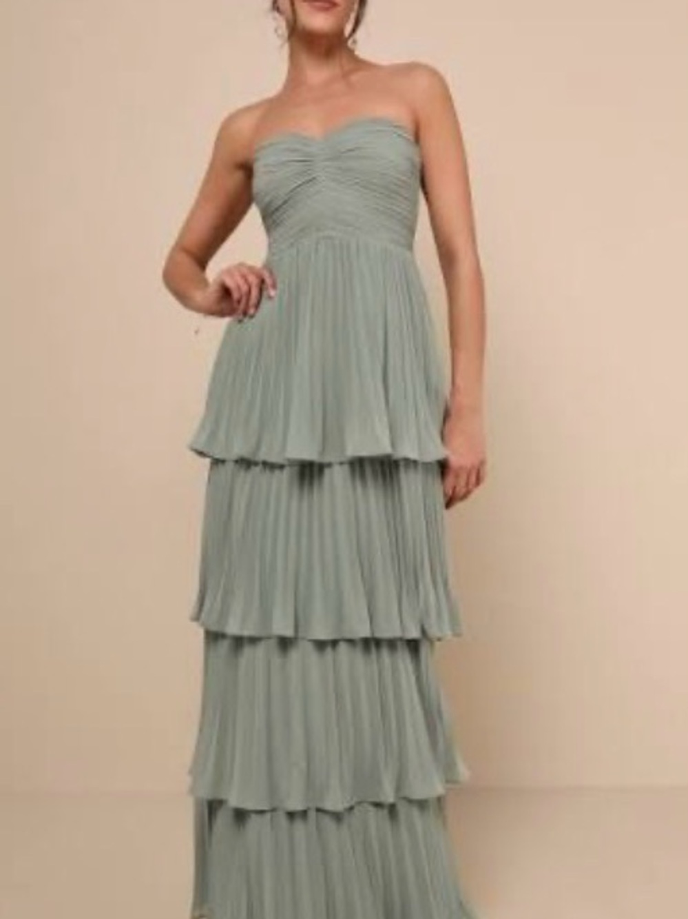 Lulu's Sage Green Strapless Pleated Tiered Maxi Dress